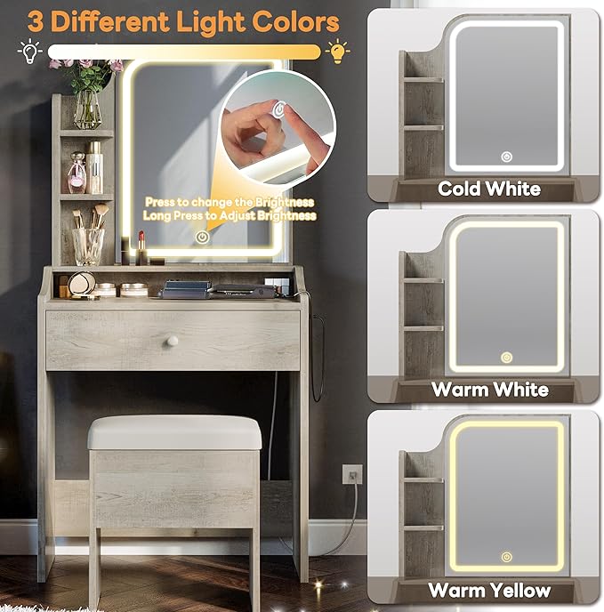 LIKIMIO Small Makeup Vanity Desk with Mirror and Lights, Vanity Table Set with Storage Drawer, Chair and Three Shelves, Bedroom, White Walnuts