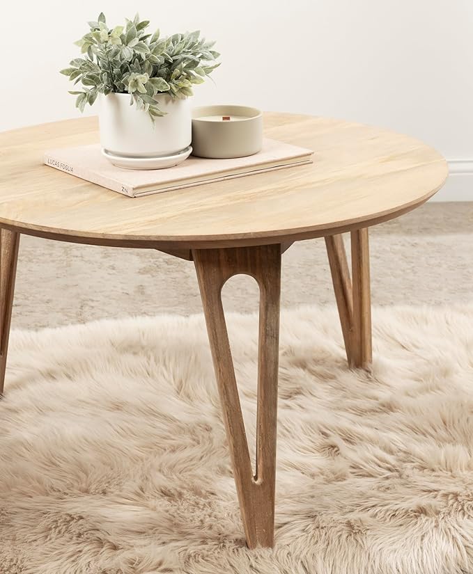 Kate and Laurel Kershaw Transitional Round Coffee Table, 30 x 30 x 19, Natural Wood, Circle Living Room Table with Solid Mango Wood Construction and Tapered Hairpin Legs