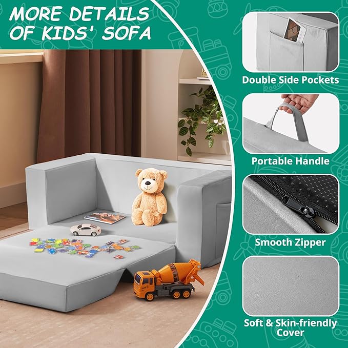 Kids Couch, 2-in-1 Toddler Chair Comfy 1-3 Years, Convertible Kids Chair, Toddler Couch That Fold Out, Kid Lounge Chairs for Boys and Girls, Soft Coral Fleece, Double, Grey