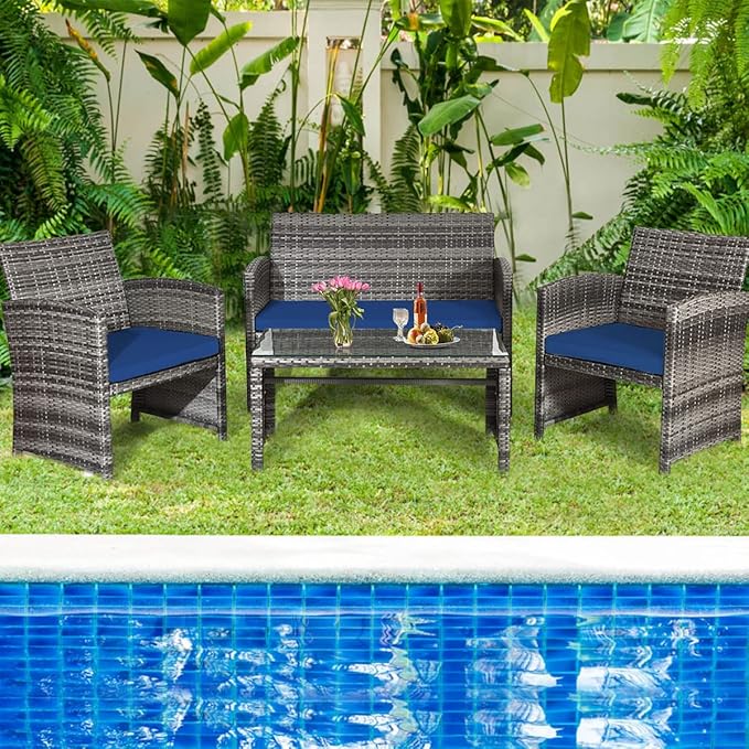 Tangkula 4 PCS Wicker Patio Conversation Set, Outdoor Rattan Sofas with Table Set, Patio Furniture Set with Soft Cushions & Tempered Glass Coffee Table for Poolside Balcony
