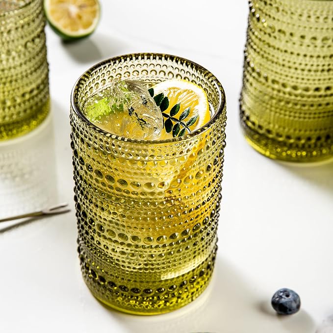 Set of 8 Hobnail Drinking Glasses Vintage Green Glassware - 4 Highball Glasses 14 oz, 4 Rocks Glass Cup 11 oz, Embossed Old Fashioned Glassware for Water, Wine, Beer, Juice, Mixed Drinkware
