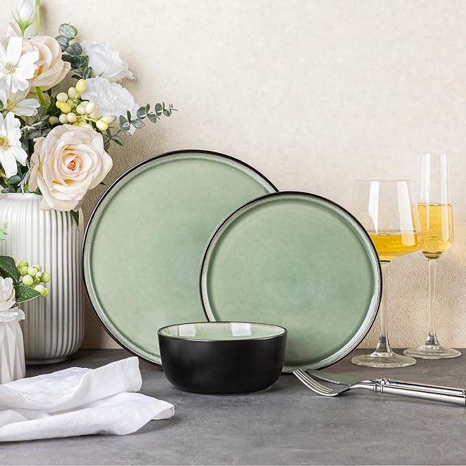 AmorArc Stoneware Dinnerware Sets,Round Reactive Glaze Plates and Bowls Set,Highly Chip and Crack Resistant | Dishwasher & Microwave Safe Dishes Set,Service for 4 (12pc)