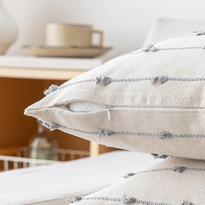 Boho Throw Pillow Covers 26x26 Set of 2 Modern Farmhouse Decorative Cushion Case Tufted Square Pillows Cover Neutral Pillow Cases Accent Pillowcase for Sofa,Couch,Bed,Beige and Grey