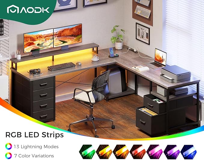 AODK 66" L Shaped Desk, 113" Computer Desk with File Cabinet & 4 Fabric Drawers, Home Office Desk with Monitor Shelf & Power Outlet, Two Person Desk or Corner Desk, Gaming Table with LED Light, Grey