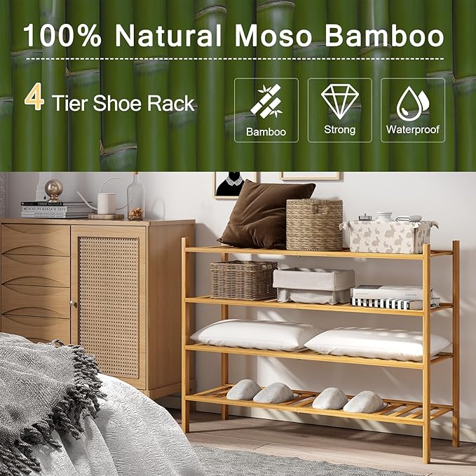 Long Shoe Rack, 4-Tier Bamboo Stackable Shoe Shelf Storage Organizer, Shoe Stand for Closet, Entryway and Hallway