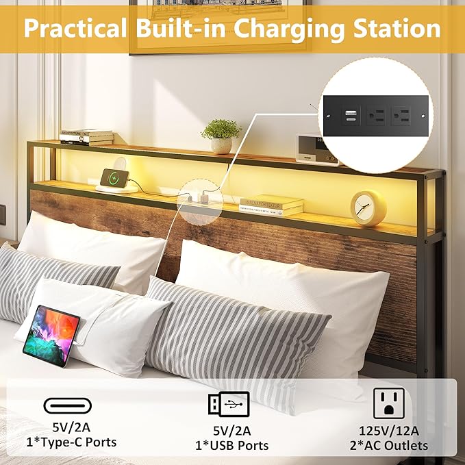 Lifezone Full Bed Frame with 2-Tier Storage Headboard, Metal Platform Bed Frame with 4 Storage Drawers, Built in Charging Station & LED, Noise-Free/Metal Support/No Box Spring Needed, Vintage Brown