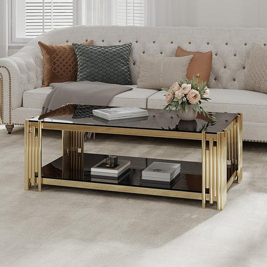 48" Rectangular Glass Coffee Table for Living Room, Luxury 2-Tier Center Table with Gold Stainless Steel Frame, Modern Black Glass Accent Coffee Cocktail Table w/Storage Shelf