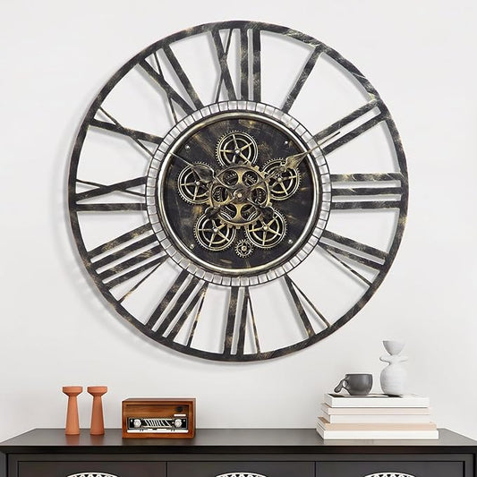 Moving Gear Large Wall Clock 30inch/76cm Bronze, Decorative Wall Clocks for Living Room, Unique Farmhouse Steampunk Metal Wall Clock Decor, Office Wall Clocks
