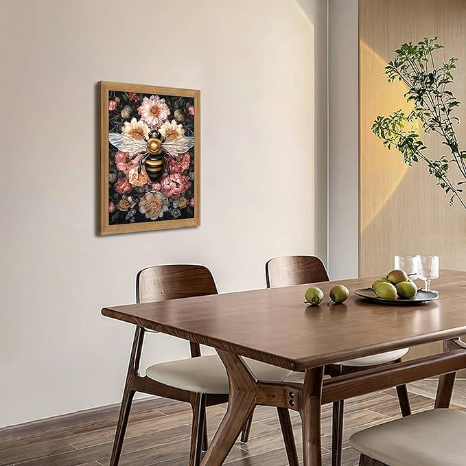 Framed Vintage 3D Textured Wall Art - Dark College Bee Flowers Wall Decor - Hand Drawn Sandstone Nature Botanical Pictures for Living Room Bedroom Home Decor 16x24 inches