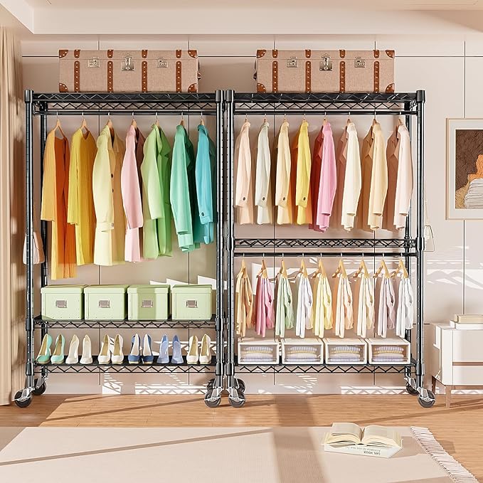 Heavy Duty Rolling Garment Rack 3 Tiers Adjustable Wire Shelving Clothes Rack with Rods and Side Hooks,Storage Closet Clothing Rack with Wheels Black 17.7" D x 47.2" W x 83.6" H