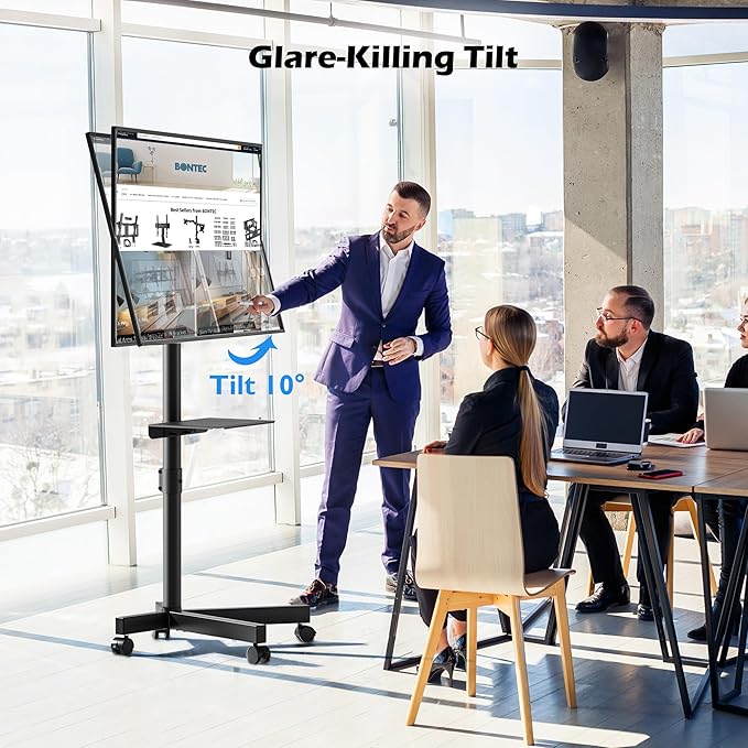 BONTEC Mobile TV Stand with Tilt Function, Rolling TV Stand for 23-60" LED, LCD, OLED TVs, Holds up to 88lbs, Max VESA 400x400mm, Adjustable Media Shelf, TV Cart for Living Room, Bedroom, Office