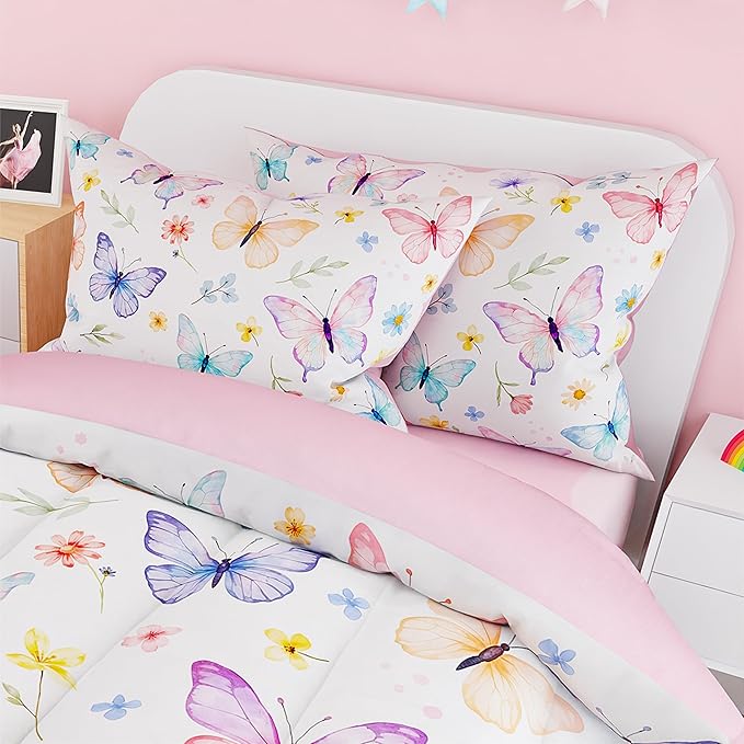 SANDJEST Butterfly Duvet Cover Sets Twin Size for Kids Girls, Include 1 Polyester Comforter Cover 68x86 Inches and 1 Pillowcase 20x26 Inches, Comforter Not Included, Gift for Christmas Birthday