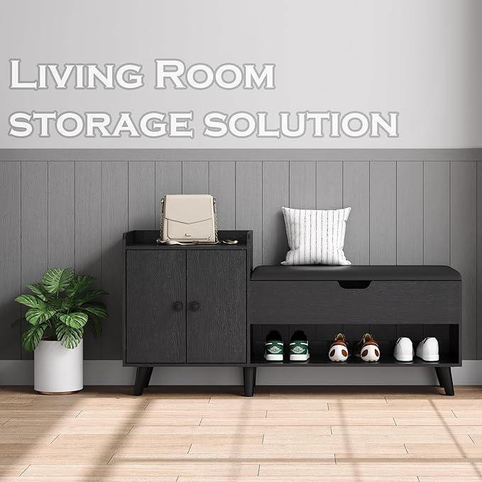 50" Entryway Shoe Bench with Hidden Storage,Shoe Organizer Storage Bench with Shelf and Cabinet Entryway Bench for Bedroom Living Room and Hallway