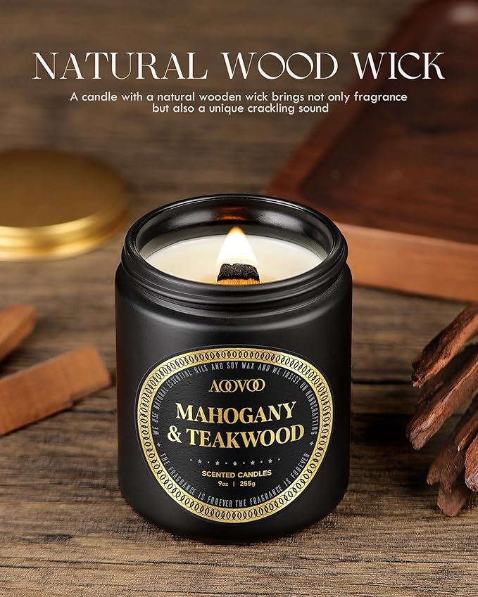 AOOVOO Scented Candles for Men - Mahogany & Teakwood Candles for Home Scented | Crackling Wood Wick Soy Candles | Strong Fragranced Masculine Black Candle Gift for Women & Men, 9oz