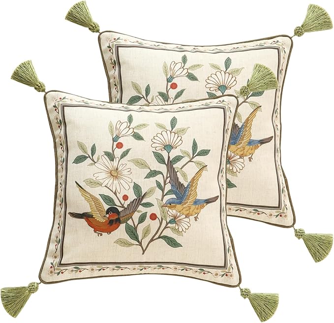 Design Square Bird Floral Linen Throw Pillow Covers 18"x18" Pack of 2, White Simple Elegant Daisy Pattern Cushion Covers Decor Pillowcases for Bed,Living Room,Outdoor,Car