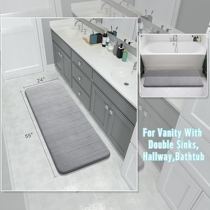 Yimobra Bathroom Runner 55"x24", Non Slip Memory Foam Bath Mat, Super Soft Water Absorbent Hallway Carpet, Machine Washable Rug for Vanity Tub Shower, Gray