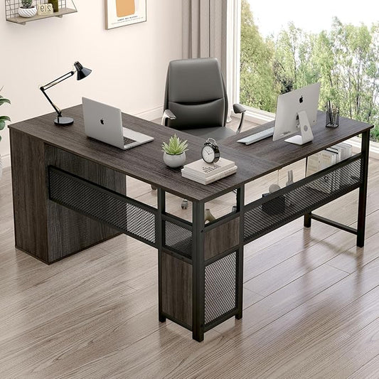 LVB L Shaped Desk, Wood Metal Computer Desk with Drawer, Industrial Corner Home Office Desk with Storage Cabinet for Bedroom, Dark Gray Oak, 59 Inch