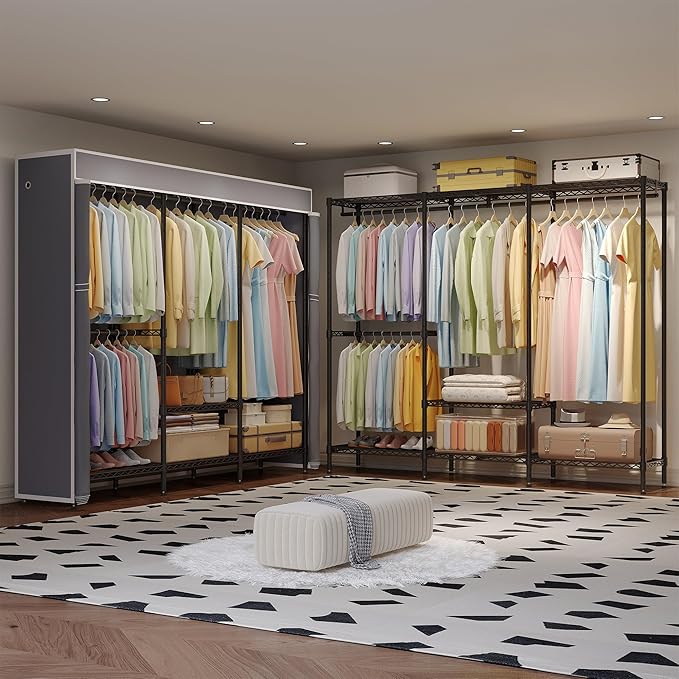 H8 Heavy Duty Clothes Rack with Cover, Covered Garment Rack with Shelves, Wardrobe Closet with Cover, Portable Closet Organizer Storage, Black Clothing Rack with Grey Cover