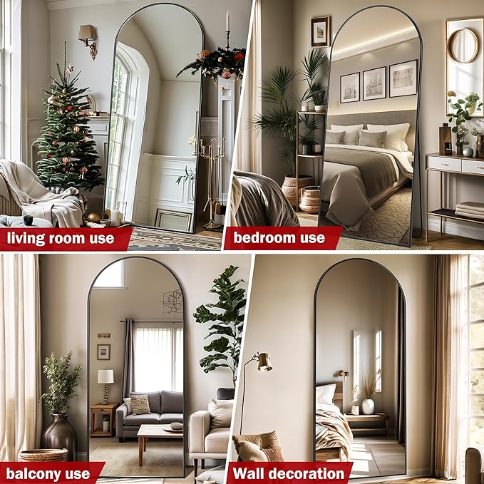 Suidia Full Length Mirror, 71"x32" Floor Standing Mirror Freestanding, Full Body Mirrors with Stand for Bedroom, Hanging Mounted for Living Room Cloakroom, Black, Arched Style