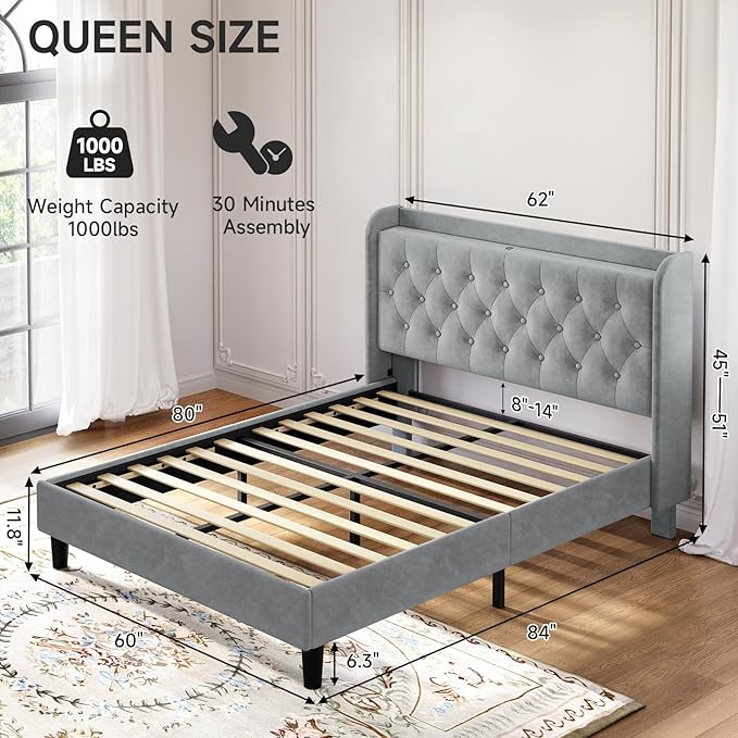 koorlian Queen Bed Frame with Headboard, Adjustable Velvet Upholstered Bed Frame with Type-C&USB Ports, Wingback Storage Headboard, Solid Wood Slats Support, No Box Spring Needed, Light Gray