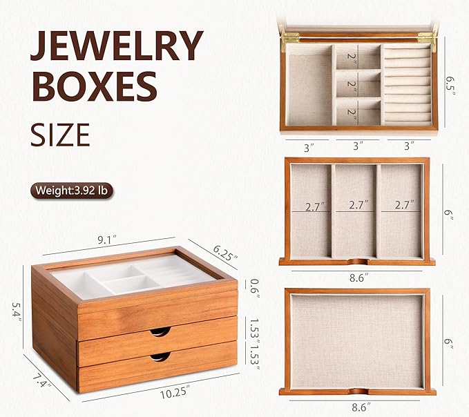 Jewelry Box with Glass Lid, 3 Layer Jewelry Organizer for Women, Solid Wooden Jewelry Box Display for Ring Earrings Necklace Bracelet, Pine Wood Jewelry Boxes Vintage Style for Gifts