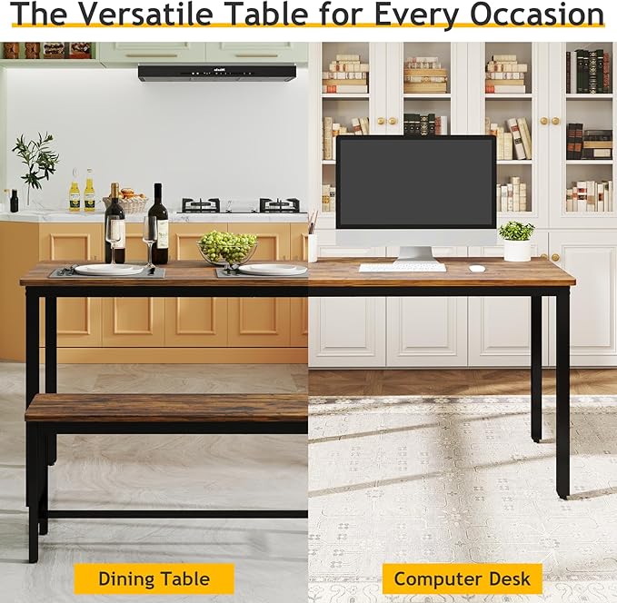 Rovibek 43" Dining Table Set for 4, Modern Space Saving Kitchen Breakfast Table with Benches & Adjustable Feet, Wooden Industrial Style Farmhouse, Brown