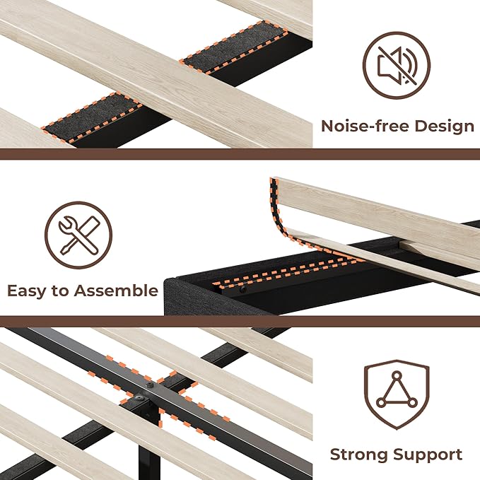 Queen Size Bed Frames with Upholstered Headboard, Modern Platform Bed with Charging Station and Led Lights, Bed Frame with Sturdy Wooden Slats/No Box Spring Needed/2-Tier Storage, Grey