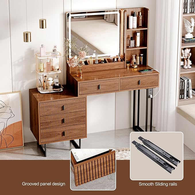 Large Vanity Desk with 3 Color Touch Screen Dimming Mirror, Vanity Desk with Charging Station, Modern Retractable Makeup Dressing Table, Makeup Table With storage shelves and 5 Sliding Drawers, Walnut