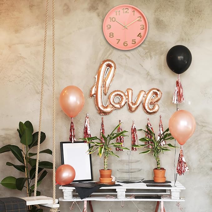 Pink Wall Clock 10 Inch Battery Operated Analog Easy to Read for Kids/Women/Girls Bedroom Home,Large 3D Numbers