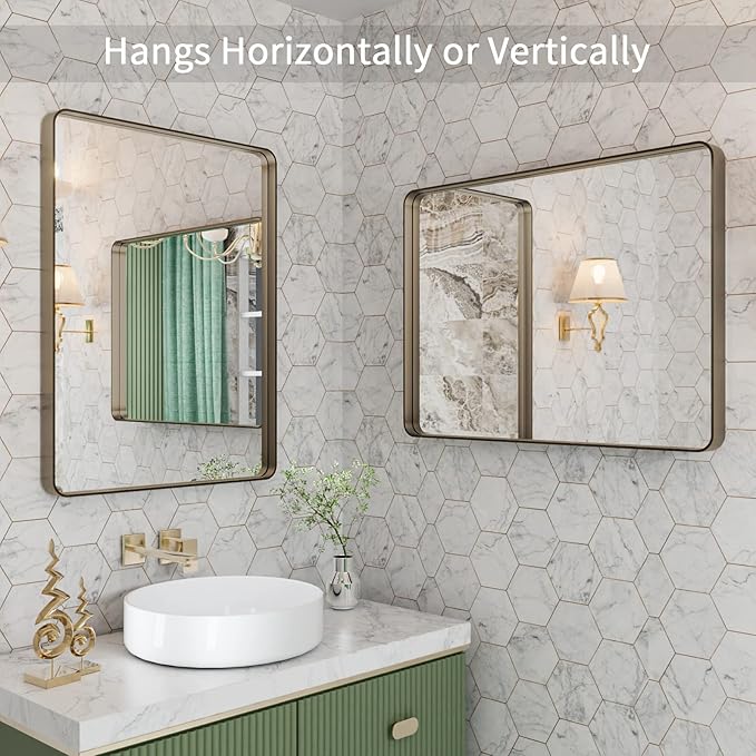 LOAAO 22”X30” Bronze Bathroom Mirrors for Vanity, Rounded Rectangle Brushed Bronze Metal Frame Mirror, Anti-Rust, Hangs Horizontally or Vertically