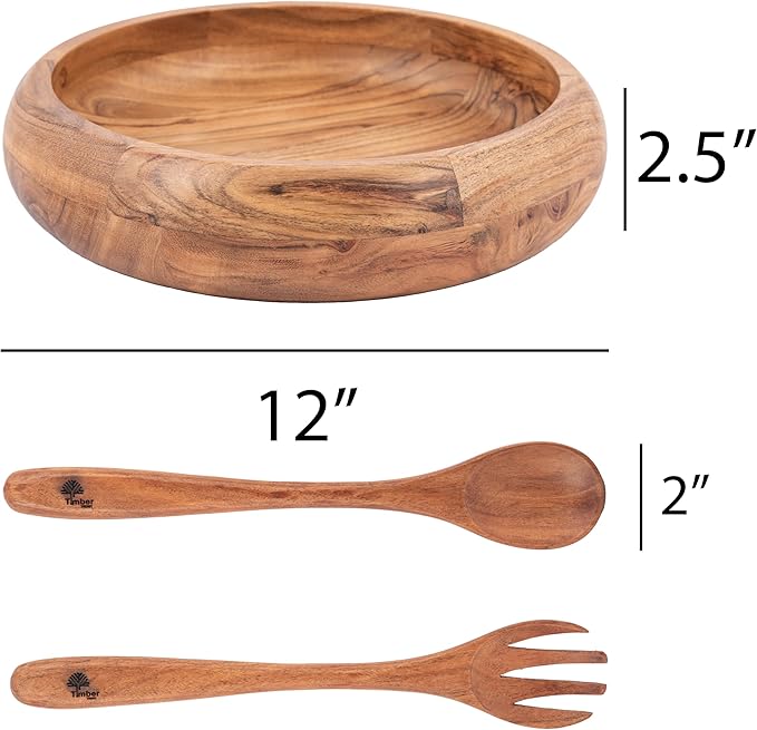 Acacia Wood Bowl Set – Round Wooden Serving Bowl with Spoon and Fork, Handmade Large Fruit and Salad Bowl, Natural Finish, Rustic Kitchen Dining Tableware for Snacks, Meals & Hosting – 2.5 Inch Deep