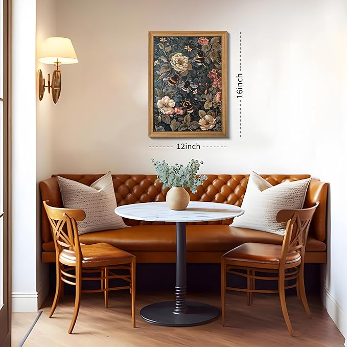 AKWISH Framed 3D Textured Vintage Wall Art - Dark Academia Bumble Bee Hand Drawn Sandstone Paintings with Botanical Florals, Aesthetic Wall Decor for Living Room Bedroom Home 12x16 inch