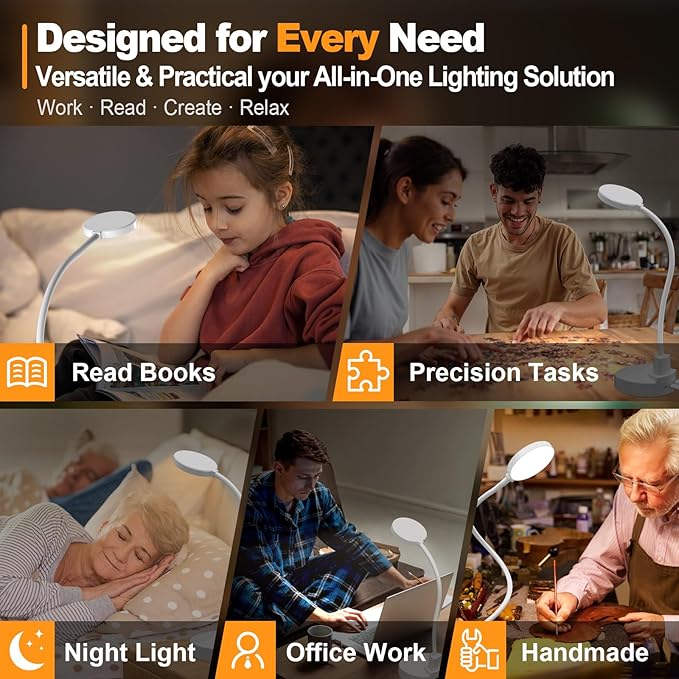 15W LED Desk Lamp with USB Charging Ports – Dimmable Table Lamp with 3 Color Temps, 5 Brightness, 4 Timers, Flexible Gooseneck Light with Base, Eye-Caring Reading Light for Home Office, Bedroom, Study