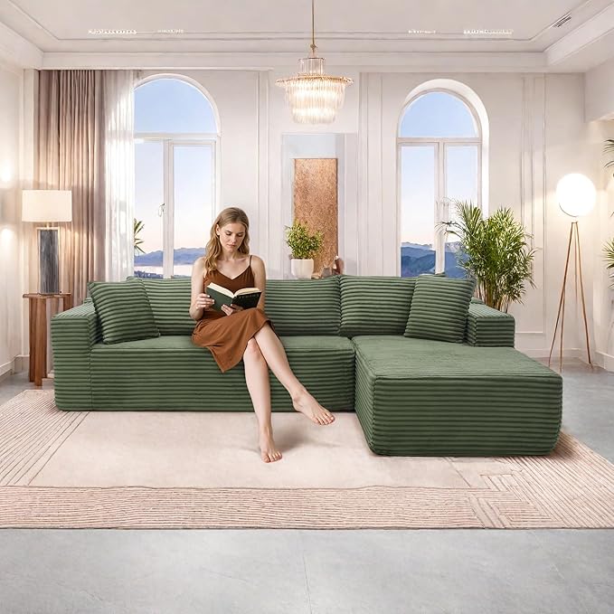 105" Cloud Sectional Couch with L-Shape Chaise,Modern Modular Sofa with Deep Seat, Fluffy Boneless Couches for Living Room Bedroom,No Assembly Required, Green (Plush Flannel Fabric)