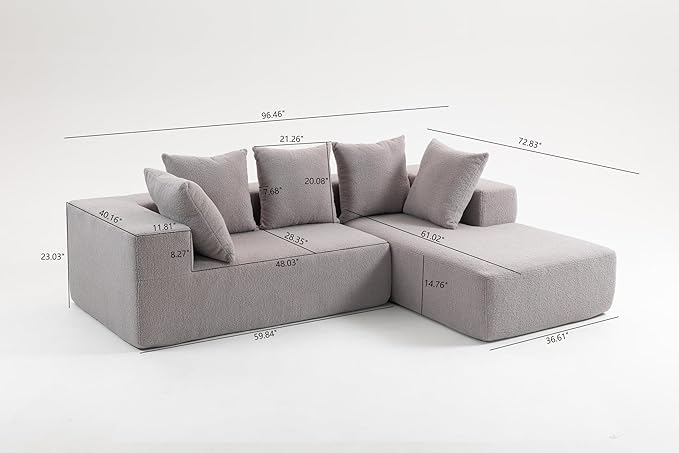 KEIKI L-Shape Cloud Sectional Sofa, 96” Modern Modular Boneless Couch with Left Chaise Lounge, Upholstered Couches for Living Room Bedroom, Light Grey