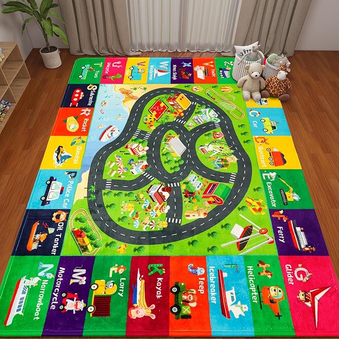 Kids Rugs Traffic Road Carpet Play Rug 118"×78.7" for Playroom Transportation ABC Educational Mat Alphabet Area Rug, Kid Playtime Collection Toddler Car Track Rug Cute Cartoon Animal Letters
