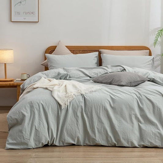 BESTOUCH Duvet Cover Set 100% Washed Cotton Linen Feel Super Soft Comfortable Chic Lightweight 3 PCs Home Bedding Set Solid Northern Droplet Grey Queen