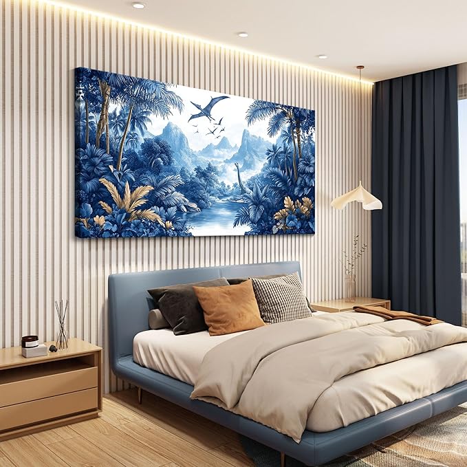 HKDGOKA Jurassic Dinosaurs Wall Art, Large Mountains Tree Landscape Wall Painting Blue Forest Canvas Print Artwork for Boy Bedroom Living Room Classroom Cool Modern Home Decor 29x58 IN