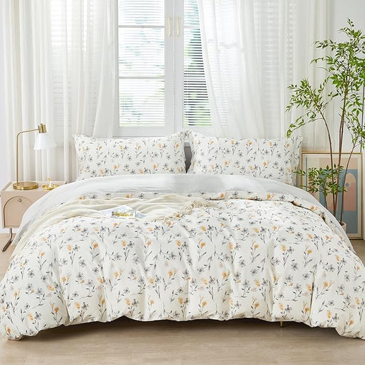 SAPHREAS Water Ink Grey Floral Duvet Cover Set King Size 3pcs Yellow Calla Lily Flowers White Bedding Comforter Cover Set 100% Cotton 1 Duvet Cover 104"x90" 2 Pillow Shams, Comforter Not Included