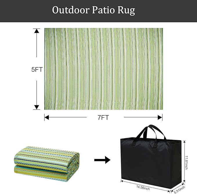 Outdoor/Indoor Rug Plastic Straw Rug Waterproof Portable Outdoor Mat, Easy to Clean and Fold,Perfect for Garden, Patio, Picnic, Decking-（Green，5x7Ft）