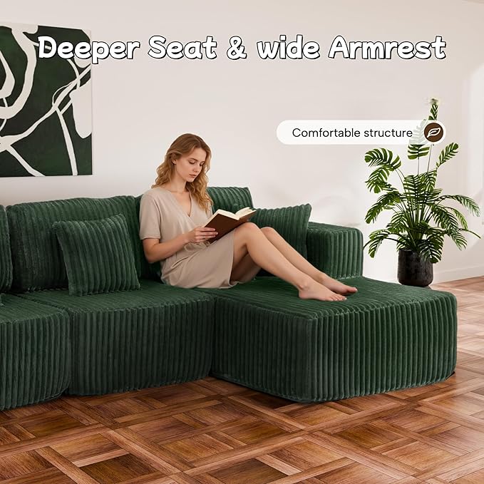 132" U Shaped Boneless Couch, Cloud Sectional Modular Sofa with Double Chaise Lounge, Corduroy Cloud Couch with Pillows & Deep Seat, Boneless Sofa for Living Room, Green