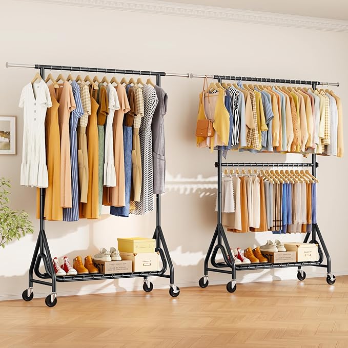 Heavy Duty Clothes Rack for Hanging Clothes, Double Rods Clothing Rack with Lockable Wheels, Rolling Metal Garment Racks Heavy Duty, Portable Wardrobe Closet Racks, Black