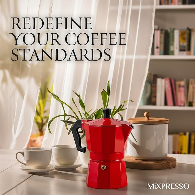 Mixpresso Red 3 Cup Moka Pot Cuban Coffee Maker, Moka Pot for Gas, Electric Stove Top, Classic Italian Coffee Maker, Stovetop Espresso Maker, Camping Pot Makes 3 Espresso Cup 5 Oz - Mug 4.4 Oz