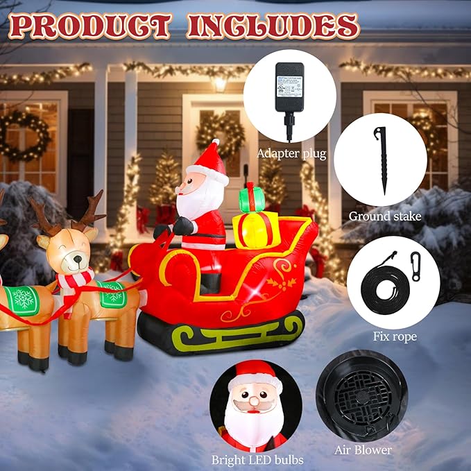 Bshine Christmas Inflatable Outdoor Decorations,12FT Long Santa Claus on Sleigh with Reindeer Deer Sign, Christmas Blower Up with LED Lighted for Holiday Outdoor/Indoor Home Garden Yard Lawn Decor
