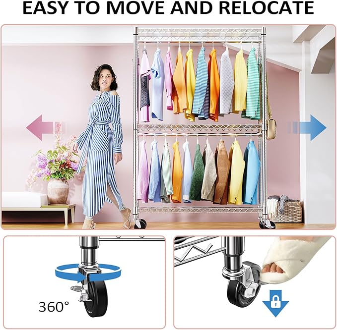 IZEUK Heavy Duty Garment Rack on Wheels, Rolling Closet Rack for Hanging Clothes with 2 Clothes Rods, 3 Tiers & Side Hooks, Freestanding Adjustable Metal Wardrobe,15.7" D x 45.3" W x 79.6" H, Chrome