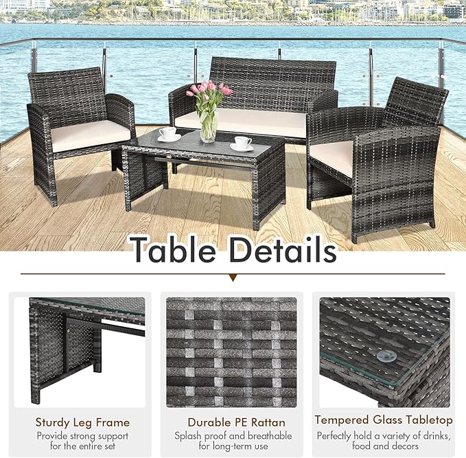 Goplus 4-Piece Rattan Patio Furniture Set, Outdoor Wicker Conversation Sofa with Weather Resistant Cushions and Tempered Glass Tabletop for Lawn Backyard Pool Garden (Beige)