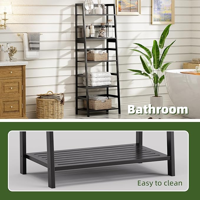 Ladder Shelf, 5-Tier Bookshelf, All Bamboo Heavy Duty Bookcase, Freestanding Open Wood Storage Rack, Modern Corner Display Plant Stand for Living Room, Home Office, Bathroom, Bedroom, Black