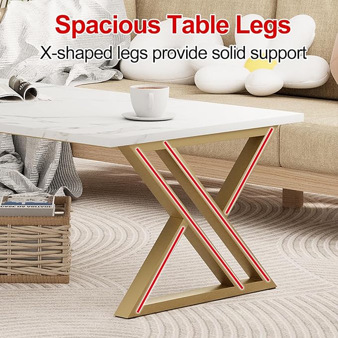 Coffee Table Living Room Table White Center Table, Simple Modern Faux Marble Rectangular Tea Tables with Sturdy Gold Metal Frame,Industrial Wooden Coffee Table for Bedroom Home Office