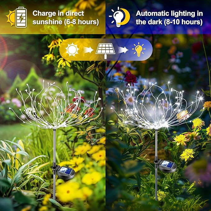 Anordsem Solar Garden Lights Outdoor: Bendable Copper Wire 120 LED Firework Beads White 4 Pack - Waterproof DIY Bright Decorations for Patio Pathway Patio - Gardening Gift for Homeowner Women