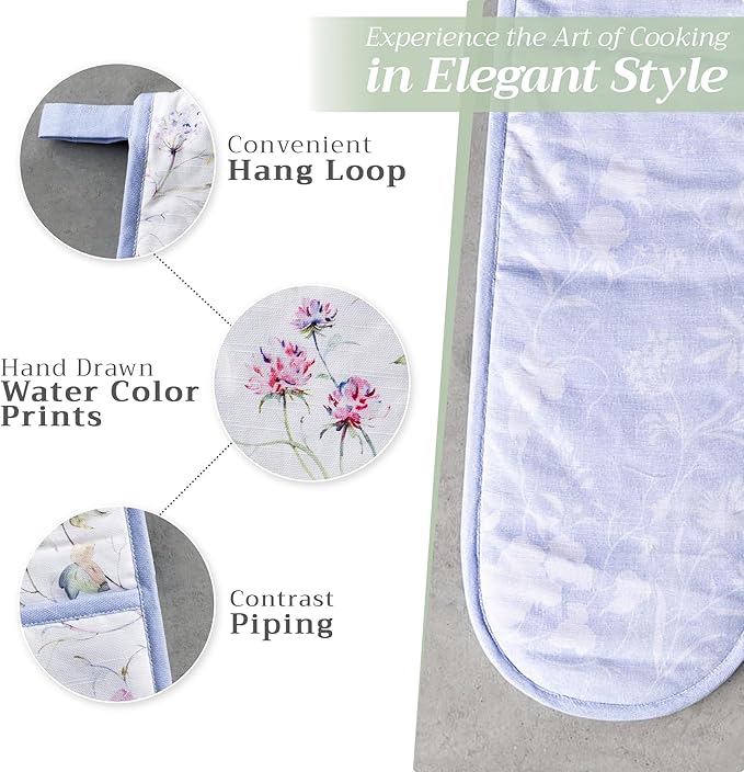 Maison d' Hermine Double Oven Mitts 100% Cotton 7"x35" Double Oven Mitt Heat Resistant BBQ Cooking Gloves with Loop, Baking, Grilling, Home, Kitchen, Handling Hot Pans Spring Summer (Summer Floral)